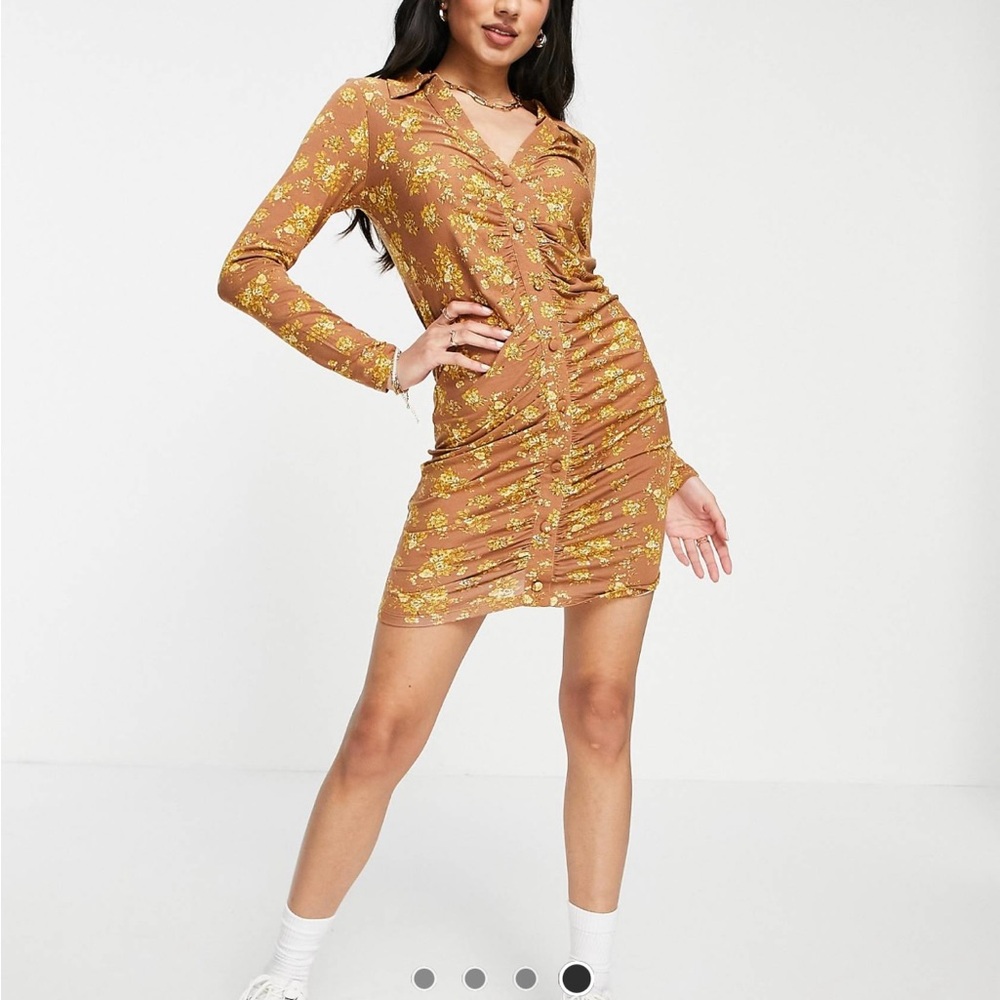 ASOS Gold Ruched Wrap Long Sleeve Dress